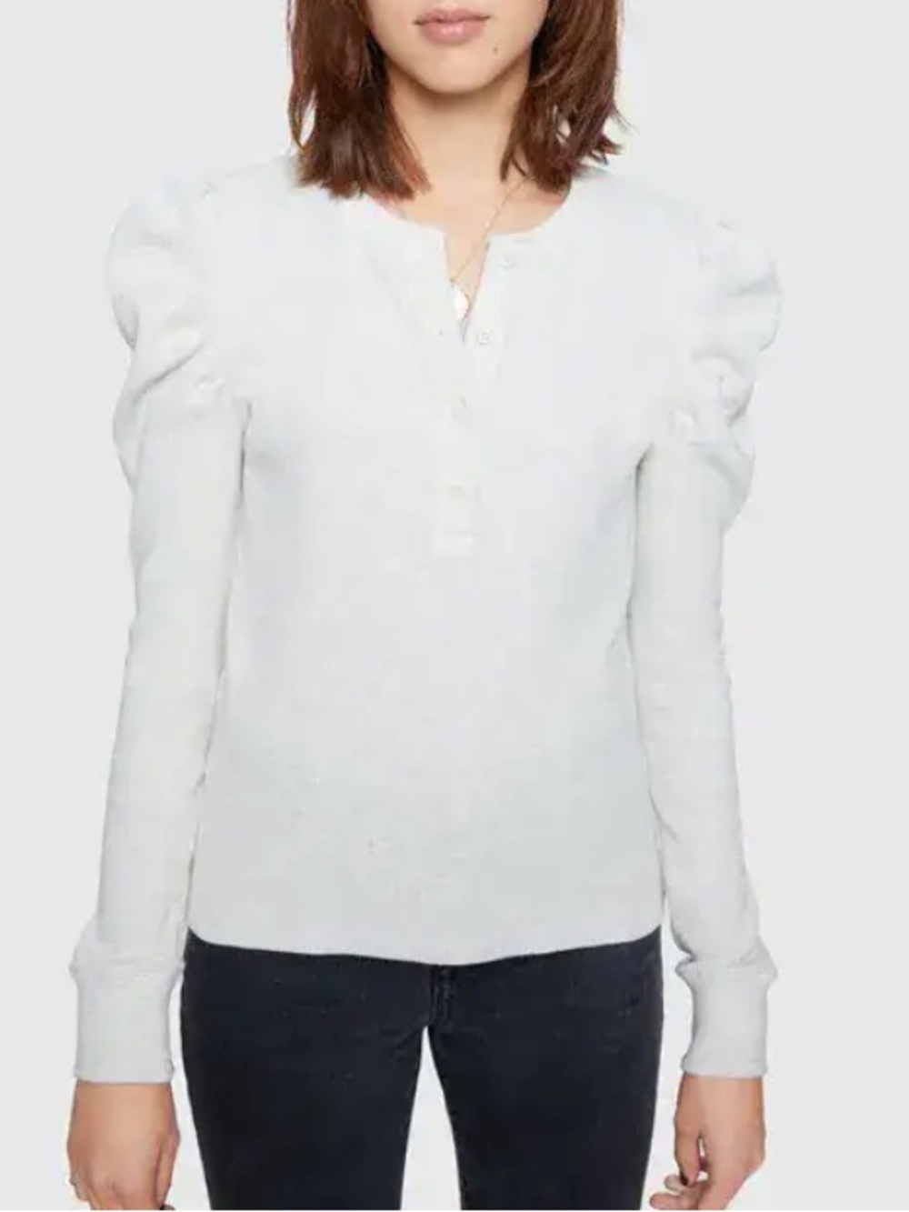 Rebecca Minkoff Janine Henley Cream Ribbed Puff-Sleeve Top